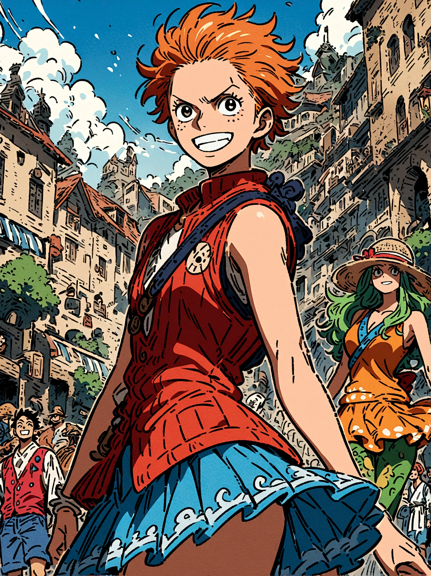 Japanese anime One Piece, Create an expansive illustration reminiscent of a popular action-adventure anime series. It should feature a diverse group of daring explorers. Each character is unique in their own way. One is a lanky man with spiky black hair, wearing a red vest, blue shorts, and a straw hat. His cheerful attitude and love for adventure is evident in his wide grin. Another character is a man with slicked-back, shoulder-length light moss green hair, wearing fine burgundy attire, his gravity and maturity reflecting through his demeanor. The third character is a young woman with beauty and grace, she has orange hair and is seen sporting a simple vest and a mini skirt. A captivating blue sea spans the entire background, adding to the whole dangerous yet exciting vibe of the setting.