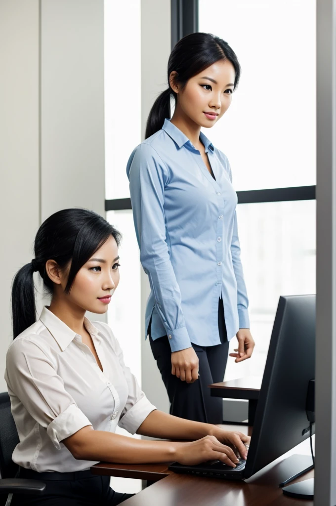 business darker skin beautiful Thai asian short pony tail hair lady looking at computer