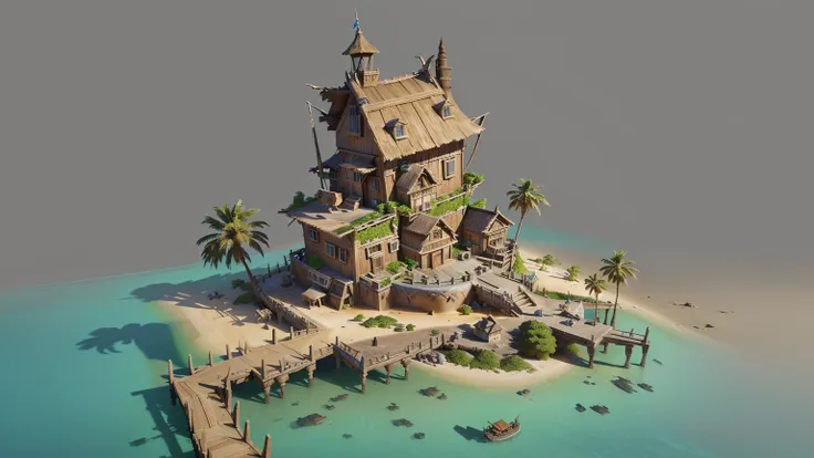 alafid island with a wooden bridge and a small house, 3d rendering style, stylized concept art, depicted as game concept art, co...