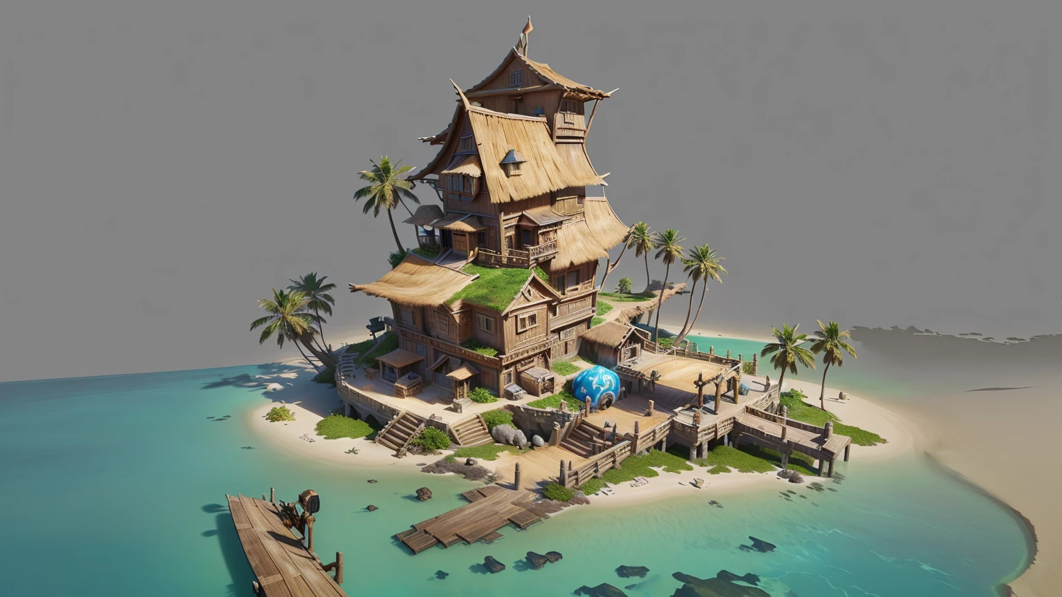 Alafid Island with a wooden bridge and a small house, 3D rendering style, stylized concept art, Depicted as game concept art, Concept art is very detailed, Roland Zilvinsky 3D Rendering Art, Stylized 3d rendering, Created by senior environment artists, environment design illustration, Concept art style, Detailed digital concept art, Concept Art Illustration