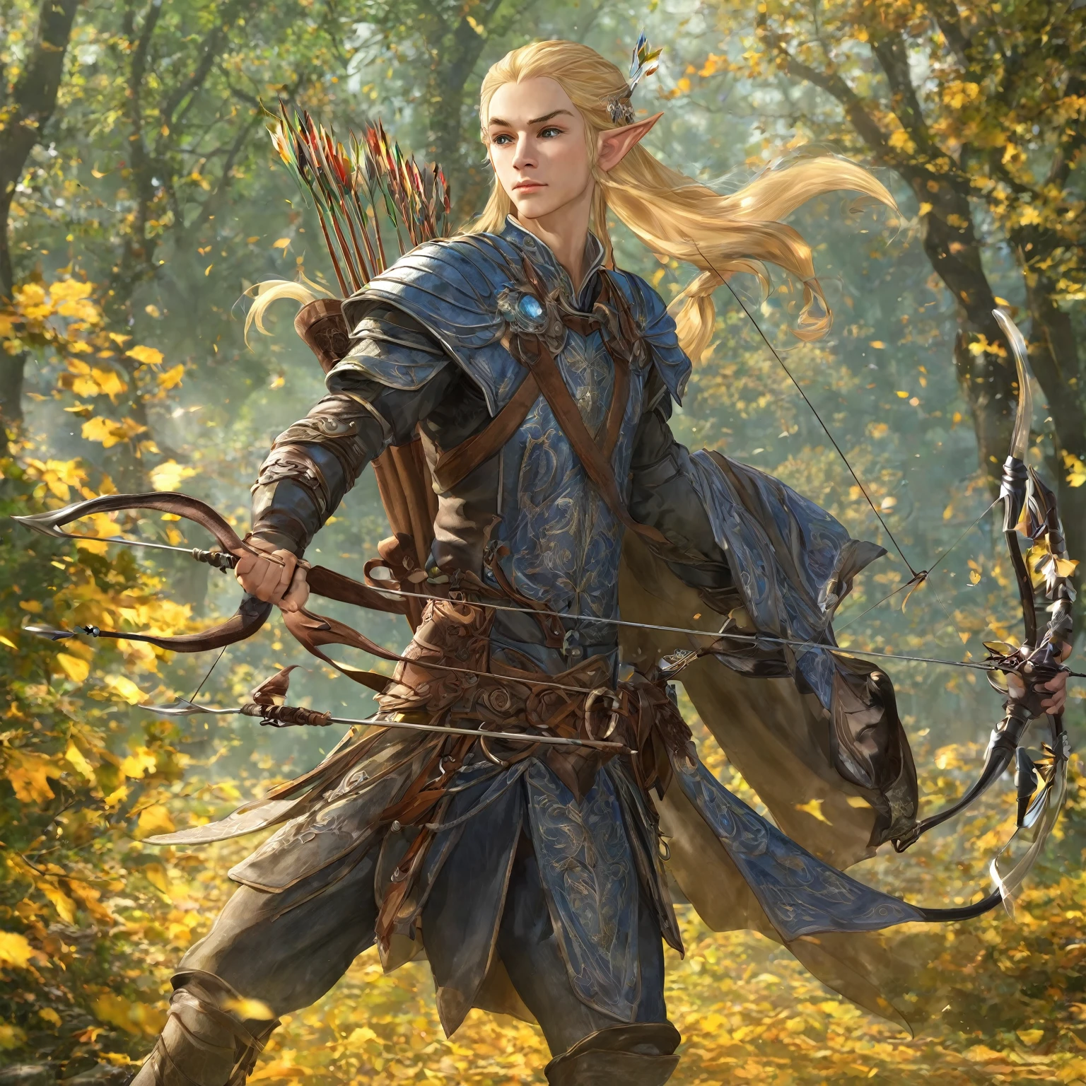 Lorraine, young half-elf, who is 19 years old, has an attractive appearance and gracefulness. His blond hair is usually pulled back into a ponytail., which emphasizes its sharpness, elven facial features. Глаза Lorraineа — глубокого зеленого цвета, always attentive and vigilant, reflect his sharp mind and desire for justice.

He is slightly above average height, slender and muscular, which indicates his excellent physical fitness. Lorraine носит легкую кожаную броню, which does not restrict his movements and allows him to maintain maneuverability, necessary for archery accuracy. He always has an elegant dagger hanging from his belt., and behind his back is a bow and quiver of arrows.