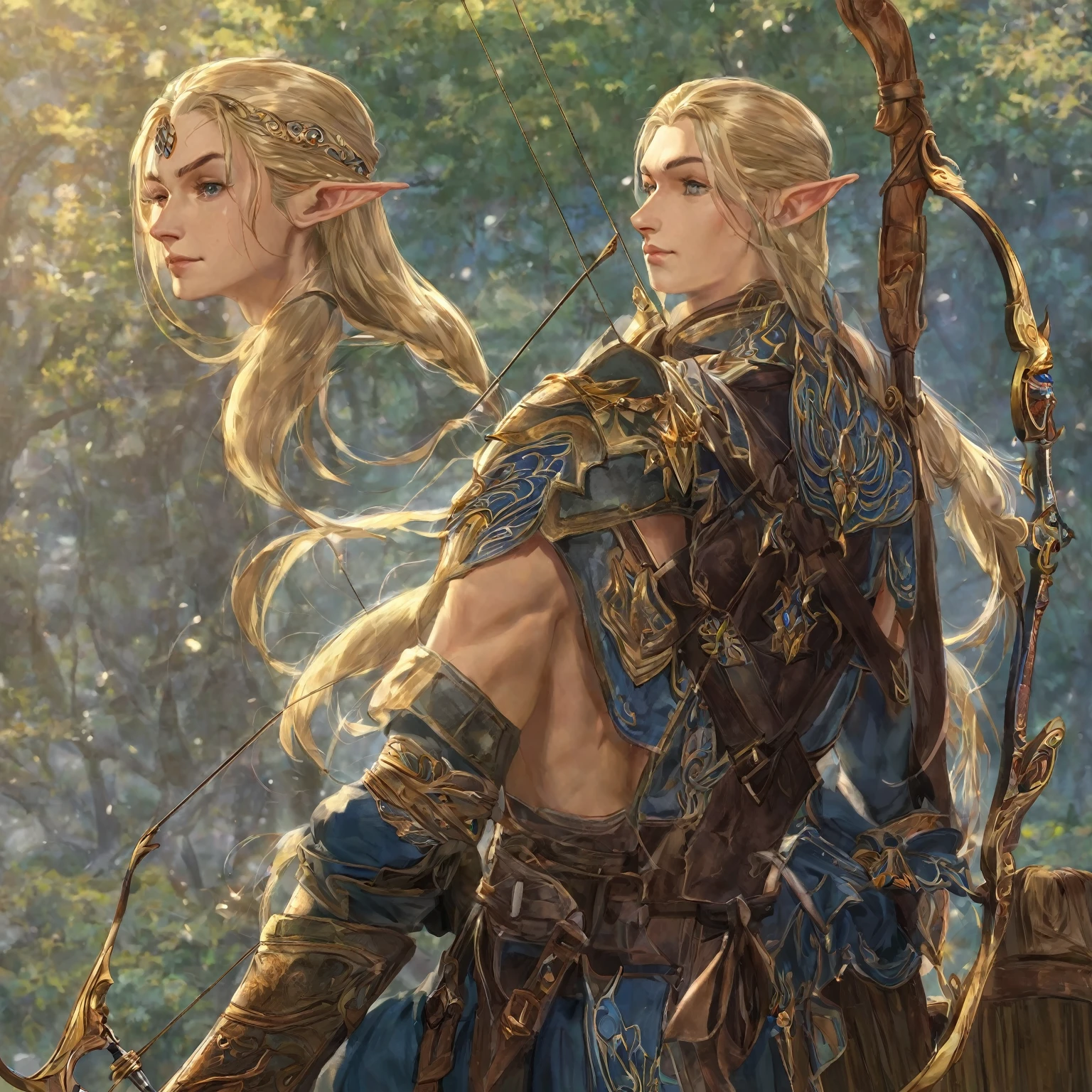 Lorraine, young half-elf, who is 19 years old, has an attractive appearance and gracefulness. His blond hair is usually pulled back into a ponytail., which emphasizes its sharpness, elven facial features. Глаза Lorraineа — глубокого зеленого цвета, always attentive and vigilant, reflect his sharp mind and desire for justice.

He is slightly above average height, slender and muscular, which indicates his excellent physical fitness. Lorraine носит легкую кожаную броню, which does not restrict his movements and allows him to maintain maneuverability, necessary for archery accuracy. He always has an elegant dagger hanging from his belt., and behind his back is a bow and quiver of arrows.