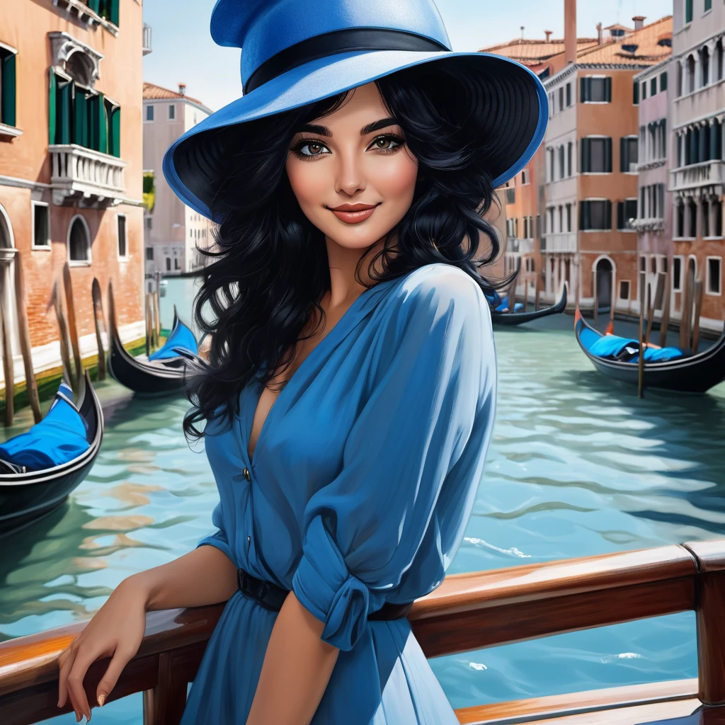 ultra detailed masterpiece, Italian woman, mid-length black hair, black eyes, intense and seductive gaze, shy smile, small fluff of mustache, wears a blue hat, on a boat in Venice