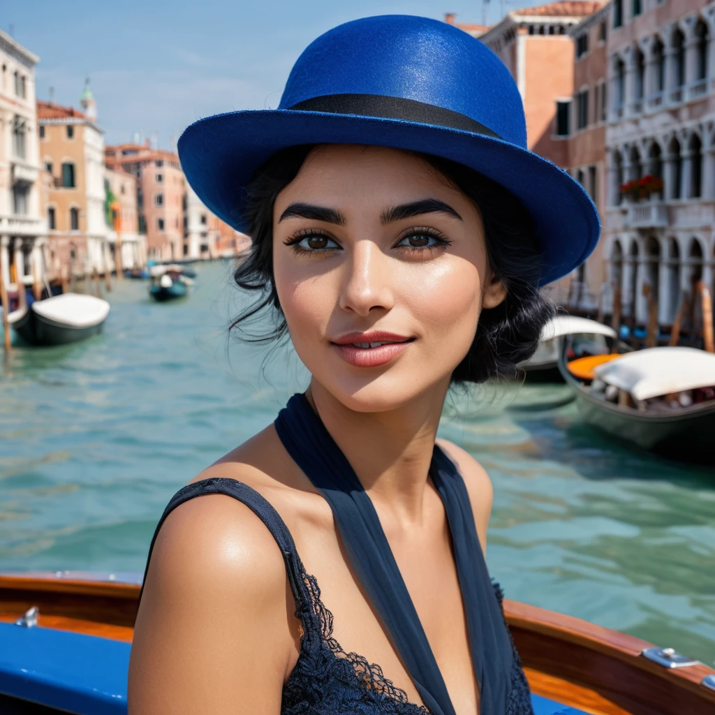 ultra detailed masterpiece, Italian woman, mid-length black hair, black eyes, intense and seductive gaze, shy smile, small fluff of mustache, wears a blue hat, on a boat in Venice