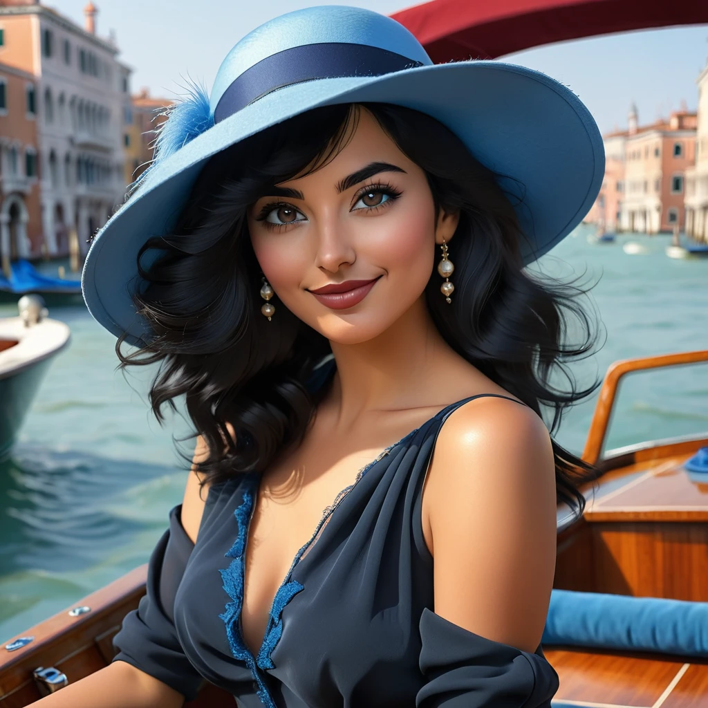 ultra detailed masterpiece, Italian woman, mid-length black hair, black eyes, intense and seductive gaze, shy smile, small fluff of mustache, wears a blue hat, on a boat in Venice
