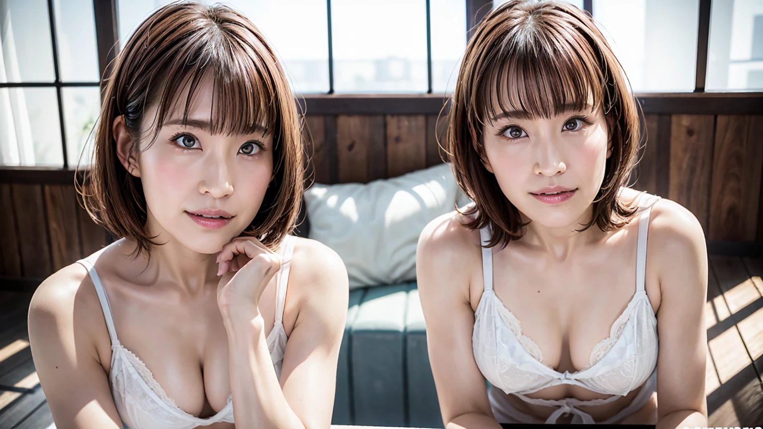highest quality, Realistic, Perfect Human Anatomy, Very detailed, Very delicate and beautiful, Raw photo, Professional Lighting, Illumination, Depth of written boundary, Single focus, whole body, Skinny Japanese woman, 30-year-old woman, Brown Hair, Small Head, Beautiful Eyes, True Face, Realistic skin, Fine grain, White bra, White ,Bobcut