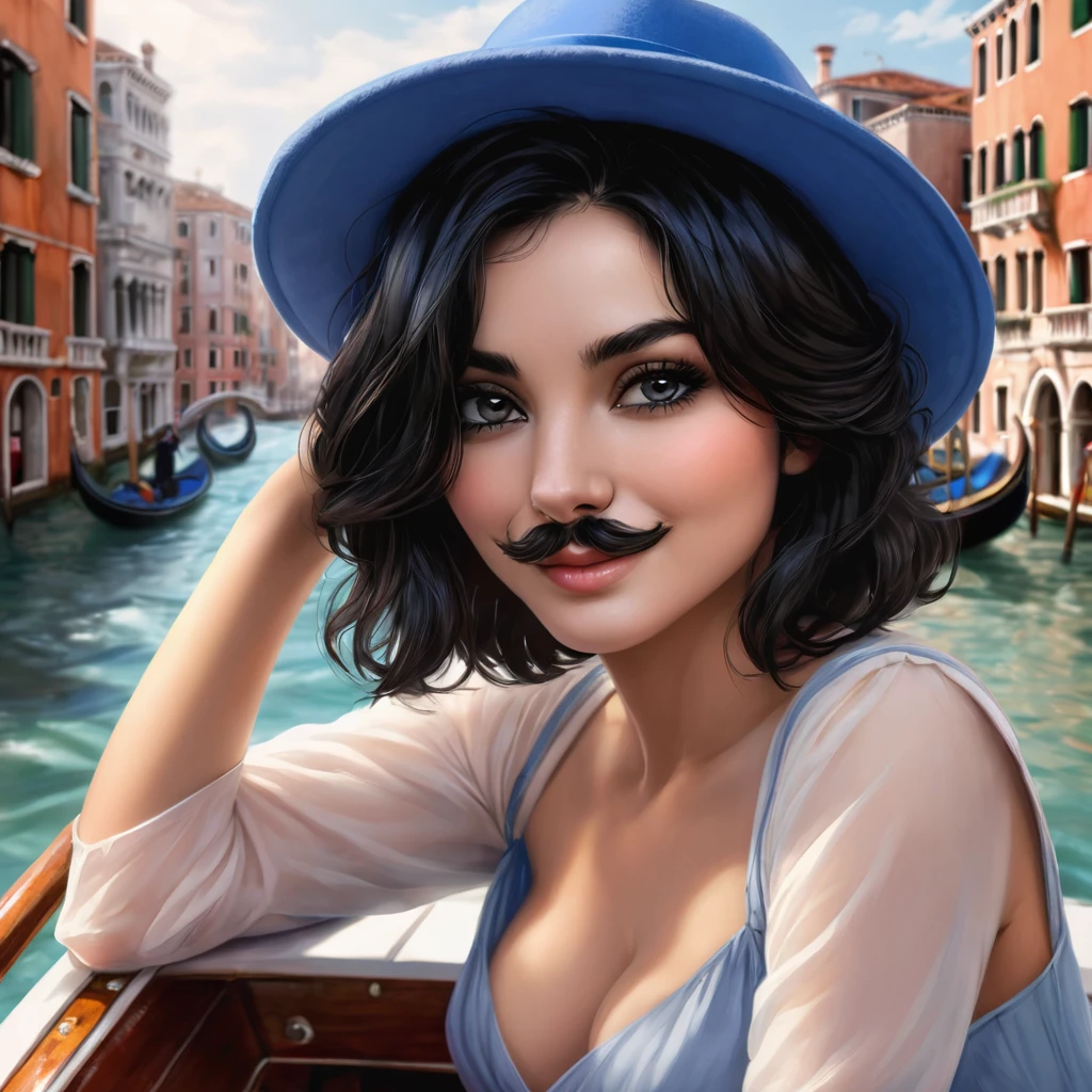 ultra detailed masterpiece, Italian woman, mid-length black hair, black eyes, intense and seductive gaze, shy smile, small fluff of mustache, wears a blue hat, on a boat in Venice