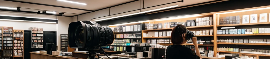 ・Camera shop back office ・Cameras and lenses on the shelves ・Japanese woman ・Photographing cameras and lenses ・Product packaging