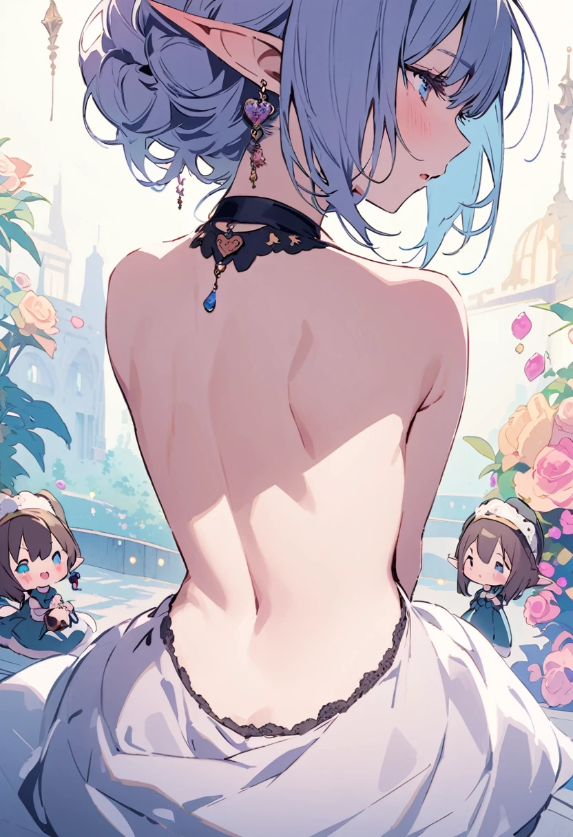 masterpiece, highest quality, Illustration of the novel, High resolution, 18+ Adult content, Sensual, Intimate, Emotional, Passionate, romantic, sweet, Adorable, Innocent, Pure, charmな, charmな, charm, Mysterious, charmな, charmな, Immersive, charmな, dream-like, Surreal, Imaginative, Whimsical, artistic, Avant-garde, timeless, elegant, Sophisticated, chic, Sophisticated, Personality, original, charmな,(( Elf:1.3)),((Back view:1.3))、Upper Body、(a bit)