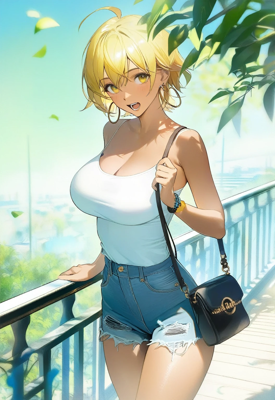 (liduke:0.6), (konya karasue:1.2), 1girl, animal print, balcony, cleavage, yellow eyes, dark-skinned female, denim shorts, handbag, hoop earrings, large breasts, leopard print, open mouth, ripped jeans, shirt tucked in, blonde hair, short hair, shoulder bag, solo, spaghetti strap, tank top, teeth, upper body, (beautiful color, detailed, amazing quality)