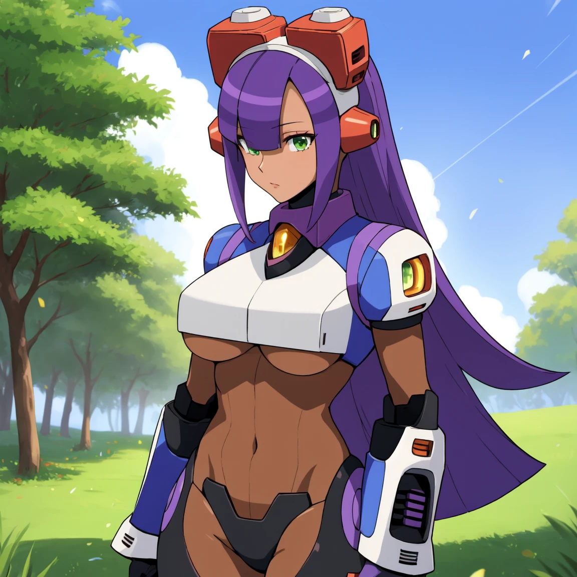 layer_megamanx, 1girl, solo, long hair, purple hair, green eyes, blunt bangs, hair over eyes, large breasts, dark skin, dark-skinned female, android, underboob, robot ears, high quality, masterpiece, standing with green flames coming from a tree