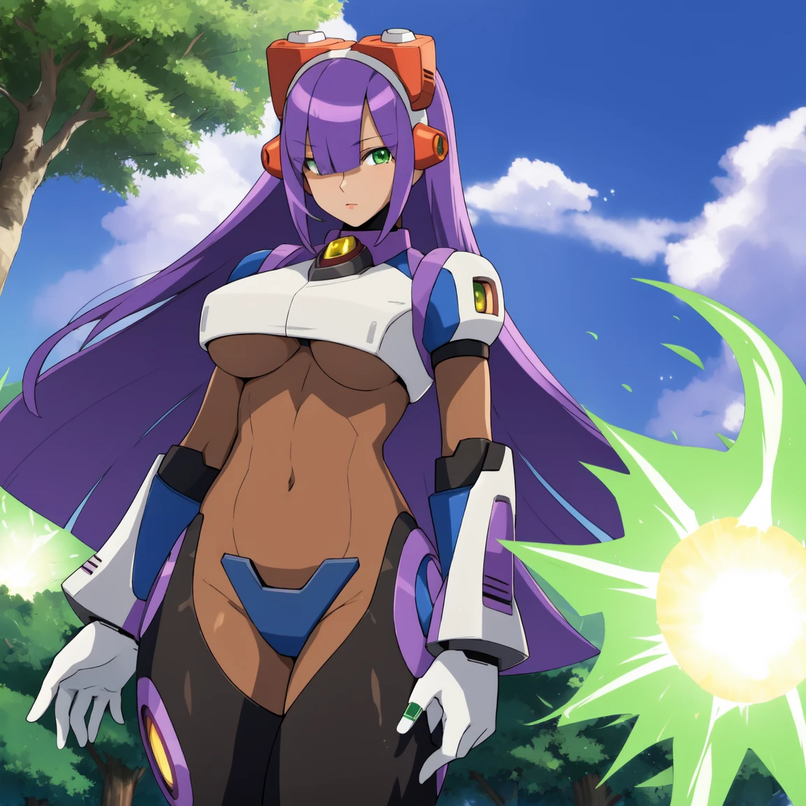 layer_megamanx, 1girl, solo, long hair, purple hair, green eyes, blunt bangs, hair over eyes, large breasts, dark skin, dark-skinned female, android, underboob, robot ears, high quality, masterpiece, standing with green flames coming from a tree