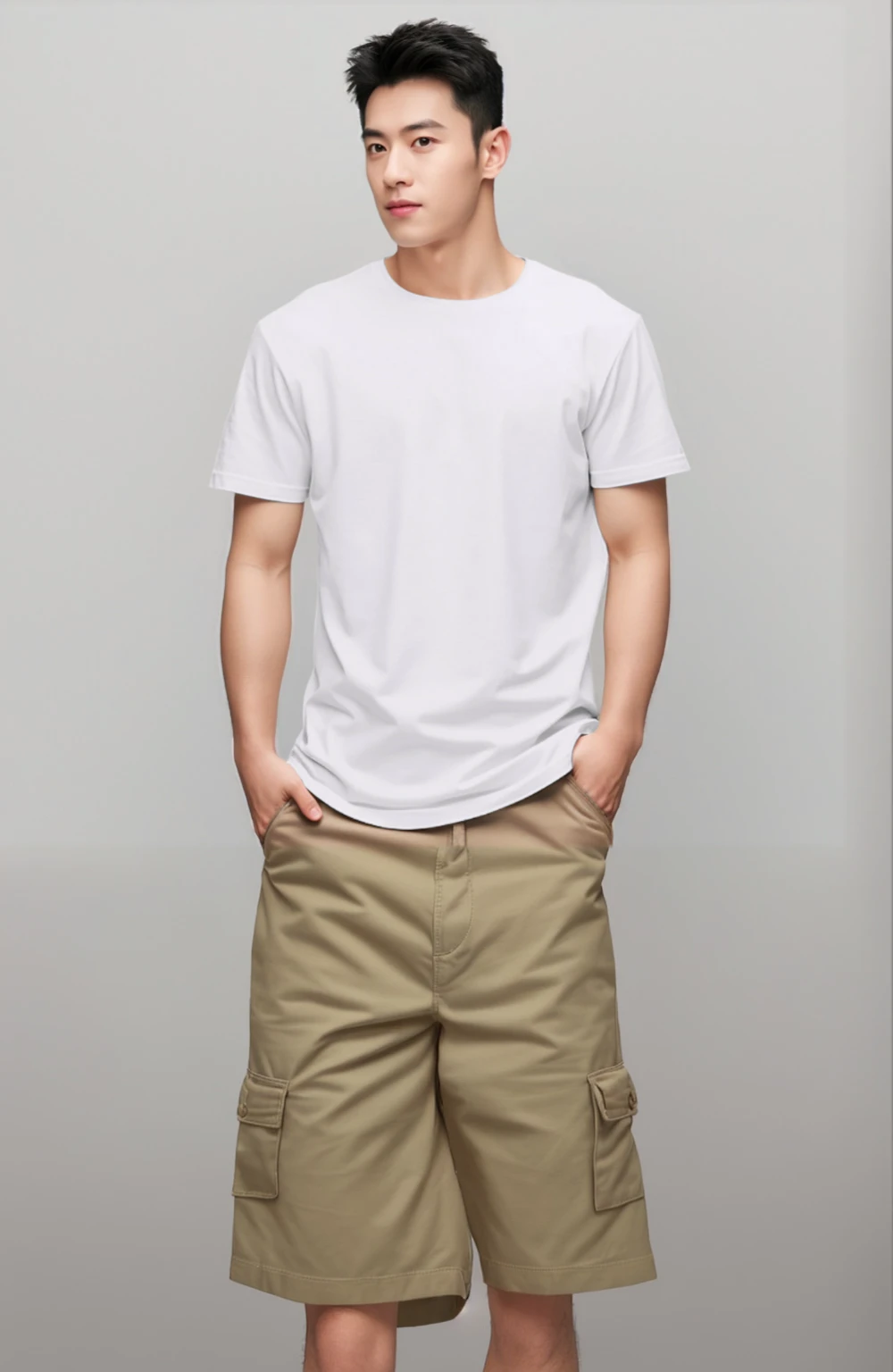 Khaki shorts, product photo, Medium wide angle front view, 3/4 Front view