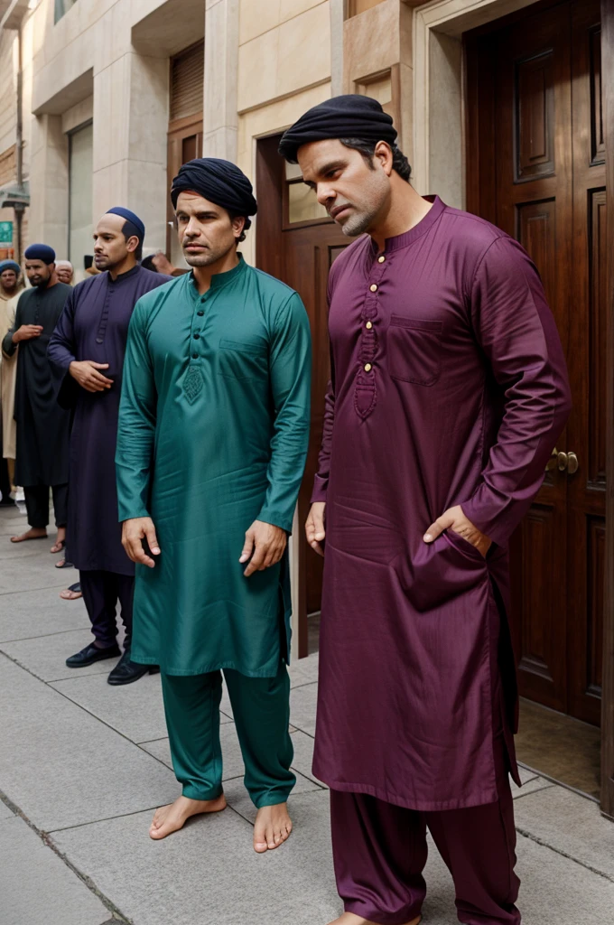 Mark Ruffalo in kurta pajama with Muslim namaz cap outside of masque
