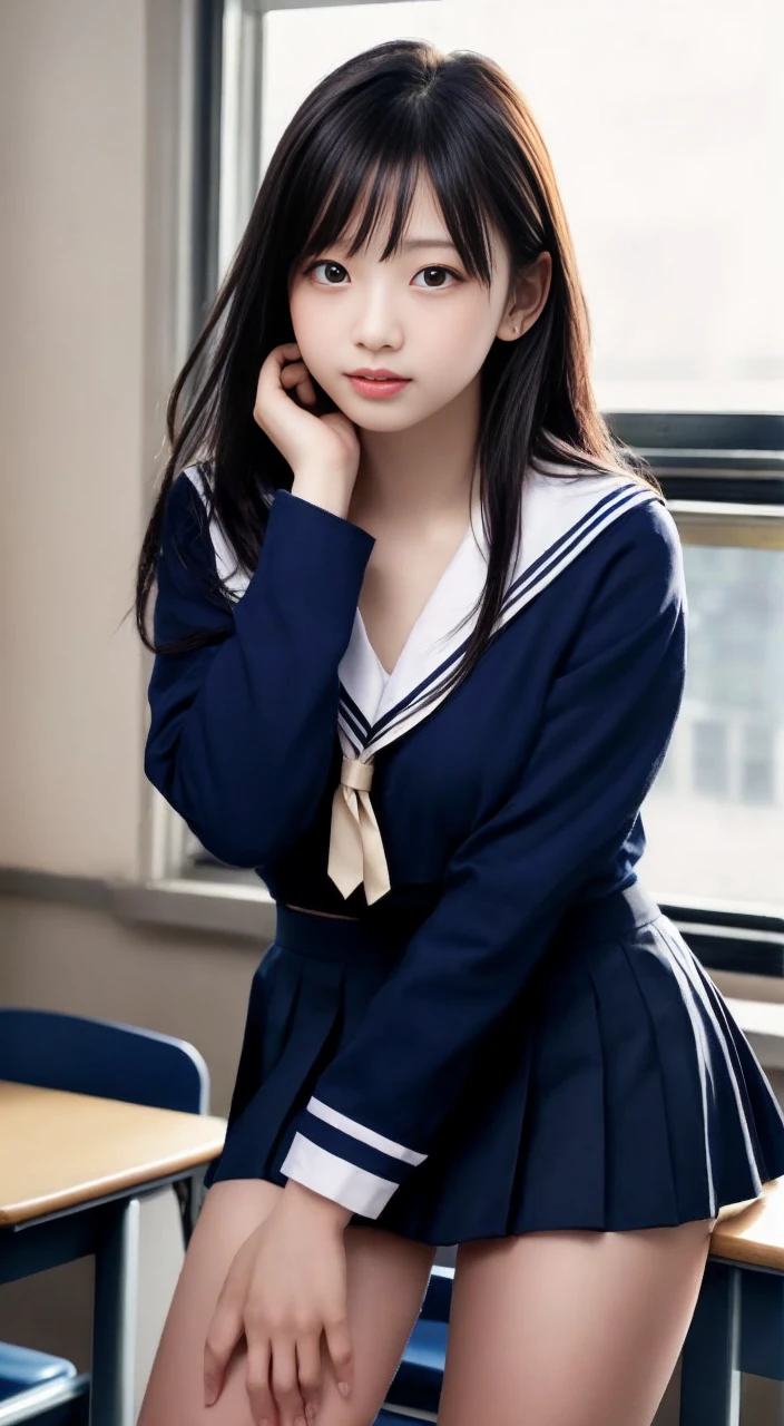 masterpiece、最high quality、high quality、high quality、premium quality、wonderful quality、Exceptional quality、excellent quality、Luxurious quality、excellent quality、best image quality、8K、super resolution、最High resolution、High resolution、最high quality、Rich shades、shining quality、crystal clear、realistic images、perfect details、Image without defects、clear image、wonderful means、bright colors、deep contrast、high fidelity、amazing clarity、optimal performance、realistic、wonderful、perfect image、Close to reality、Realistic human body in every detail、Realistic skin in every detail、Realistic face in every detail、Realistic eyes down to the details、Realistic lips in every detail、Realistic teeth in every detail、Realistic ears down to the last detail、Realistic hair down to the last detail、Realistic arms down to the last detail、Realistic reproduction of every detail、Realistic fingers in every detail、(fine hands、thumb1reference4)、Realistic feet in every detail、pretty girl、beautiful girl、attractive girl、attractive young woman、Wonderful ager、adorable girl、Shining Girl、innocent girl、sweet girl、beautiful adolescent girl、cute young woman、 the girl who captures your heart、dazzling girl、elegant girl、((japanese model))、((18歳のbeautiful girl))、(black hair)、(random hairstyle)、((whole body))、((beautiful upturned chest))、(slim style、slender style)、(whole body glossy skin、Fair skin)、Detailed and realistic human body、detailed realistic skin、detailed realistic face、detailed realistic arms、detailed realistic fingers、Detailed realistic feet、soft natural light、sailor suit、、junior high school、high school、Junior School、((Sheer Mesh(Crop top sailor suit、Mini Sailor Skirt))、((in the school classroom(Pose that makes your thighs look beautiful))、random close-up