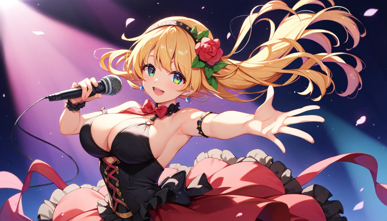 idol dancing in front of a microphone, ((1girls:1.3)), ((moe style:1.3)), idol, microphone, dancing, ((large breasts:1.3)), ((centerfold:1.3)), ((extremely feminine:1.3)), perfect hands, ((perfect face)), ((extremely cute:1.3)), ((masterpiece)), ((8k)), ((best quality)), ((beautiful)), ((extremely detailed:1.3)) , ((absurdres)), AddXL, ((score_9:1.3)), ((score_8_up:1.3)), ((score_7_up:1.3)),