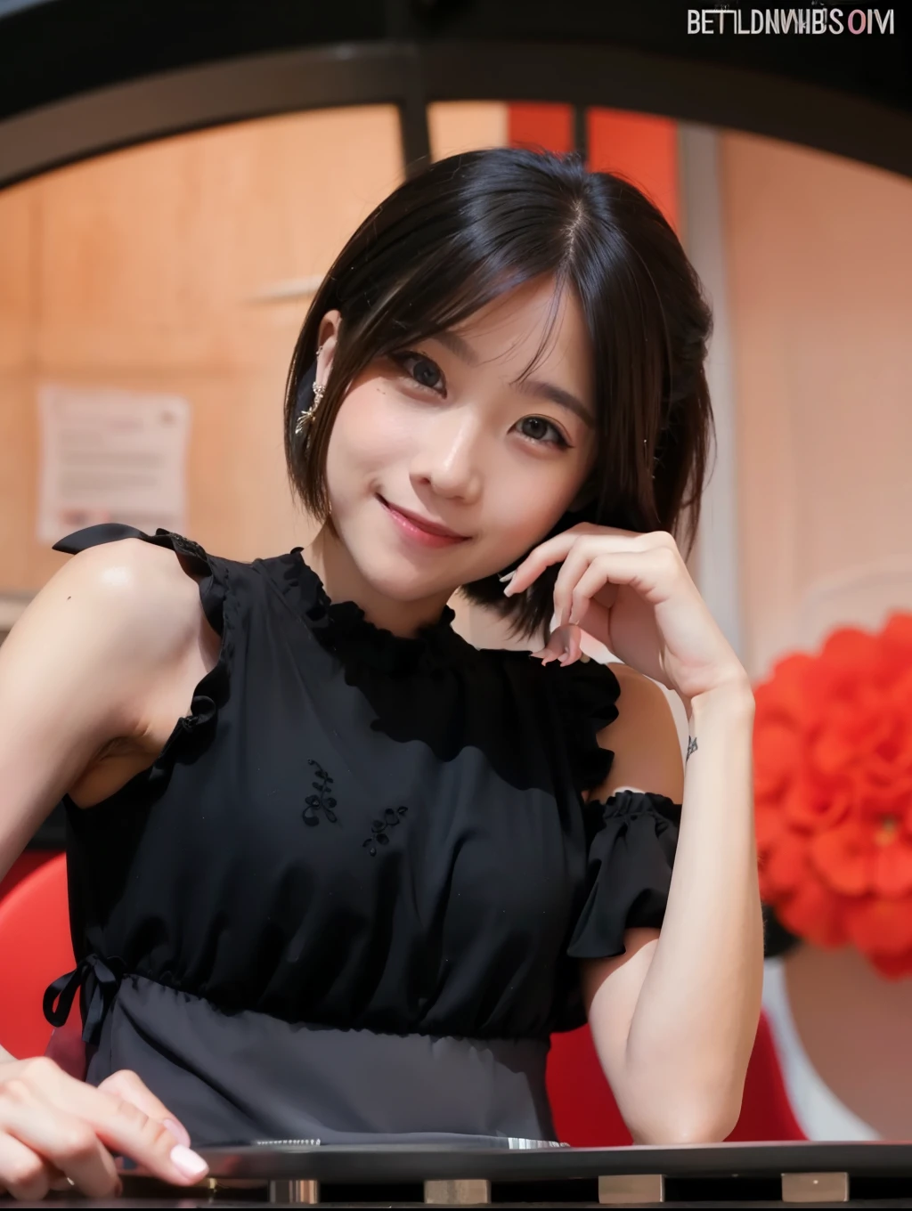 Beautiful female, little smile, bob long hair, off shoulder dress, wearing Earring