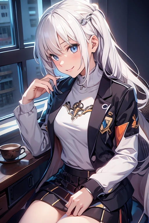 CG, Unity, 8k, wallpaper, highest quality, masterpiece, One girl, Cheerful girl, , (Bright smile: 1.2), barefoot, Best lighting, Complex pupil, Complex weaving,Low - Angle,White Hair,Hair covering one eye,whole body,((White background))