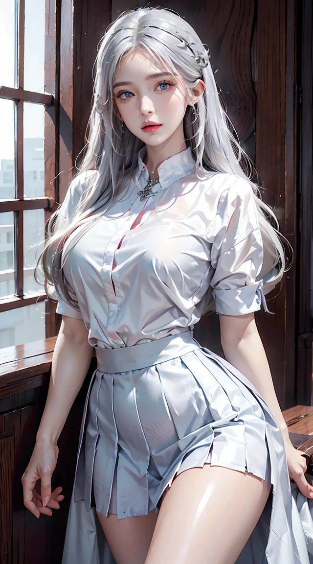 photorealistic, high resolution, 1girl, shining skin, solo, intricate tattoo, hips up, detailed jewelry, pink lips, long silver hair, captivating blue eyes, closed mouth, , white shirt, pleated skirt, indoor classroom