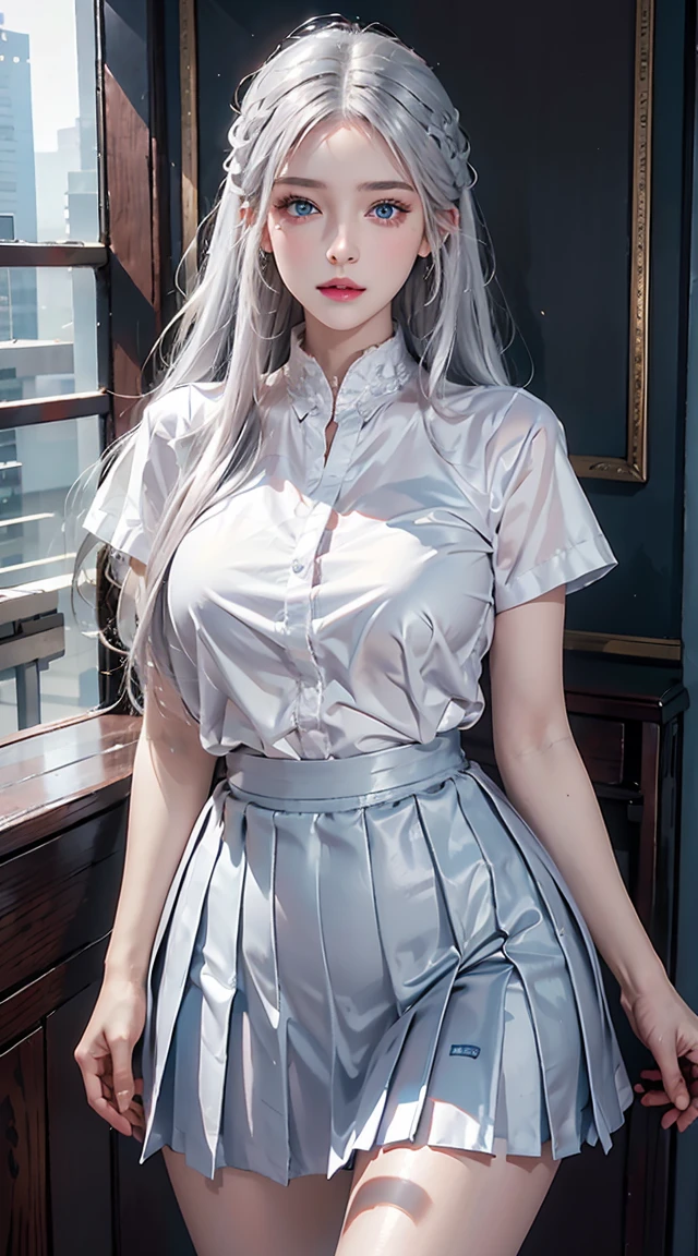 photorealistic, high resolution, 1girl, shining skin, solo, intricate tattoo, hips up, detailed jewelry, pink lips, long silver hair, captivating blue eyes, closed mouth, , white shirt, pleated skirt, indoor classroom