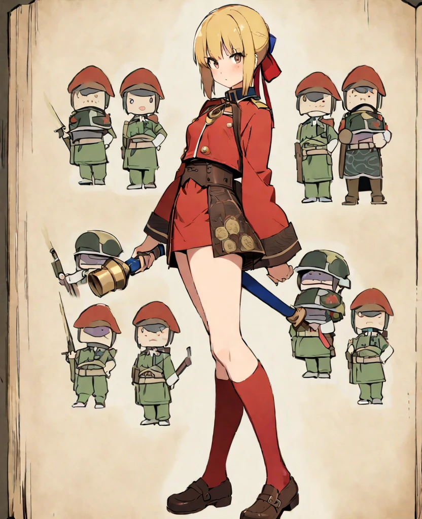 (((masterpiece, highest quality:1.5,absurdres))),25 year old beauty,solo,((very small head)),long hair,bangs,dark brown hair,brown eyes,blush,Serious expression,medium breasts,((very long body)),((toned body:1.2,slender body)),skinny,gleaming skin,shiny skin,((Army infantry uniform、saber、Tight mini skirt)),Wartime、wilderness、Forefront、Japan in the Taisho Period、taisho steampunk、Takeda Hiromitsu style,