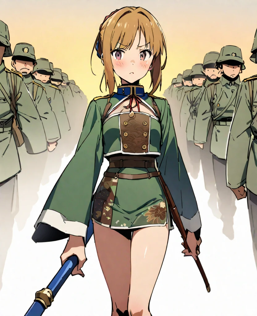 13 year old blonde female soldier、The woman is glaring at the viewer、crowd、uniform、Dirty white underwear、Suspended、Among the Enemy、Outdoor、Pee on yourself、pubic hair、