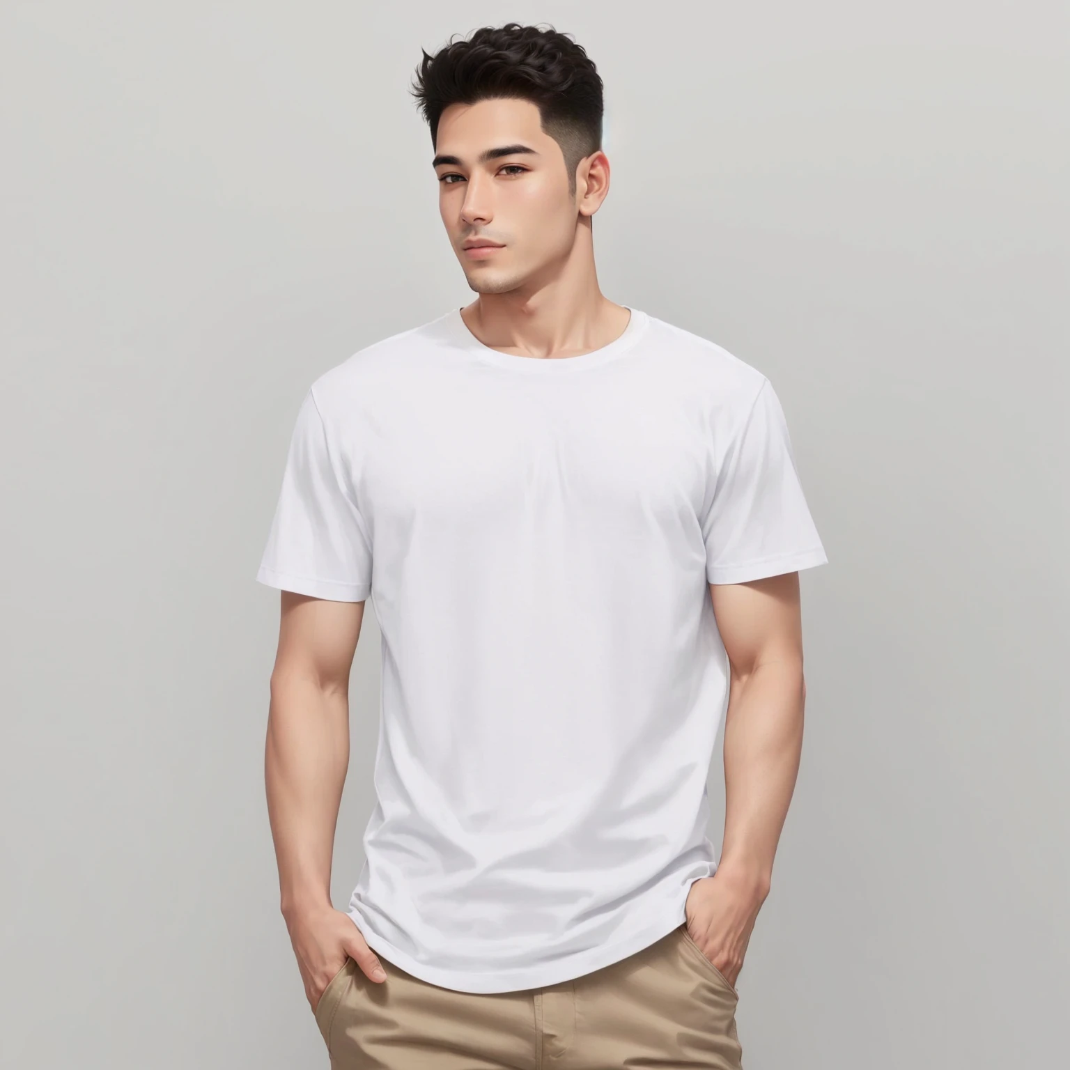 Alafiid man in white shirt and khaki pants poses for a photo, Short sleeve, plain White T-shirt, White T-shirt, White T-shirt, man in White T-shirt, White T-shirt, Wear a white T-shirt, Official product images, dressed in a White T-shirt, product photo, Medium wide angle front view, 3/4 Front view