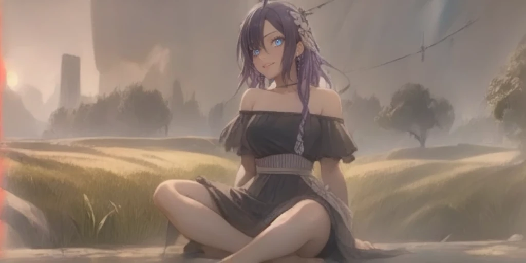 MC, ahoge, (long hari, purple hair:1.3), hair ornament, dark-blue eyes, breasts, epic art, fantasy, 1girl, grass, solo, barefoot, sitting, breasts, mountain, sunset, dress, bare_shoulders, outdoors, looking_at_viewer, off_shoulder, field, sky, lake, collarbone, mountainous_horizon, indian_style, twilight, tree, black_dress, large_breasts, scenery, medium_breasts, feet, off-shoulder_dress, (bokeh:1.3), rock, hollow eyes, bright pupils, dark-blue eyes, looking at viewer. (glowing eyes:1.3), heavy breathing, smirk, upper teeth,