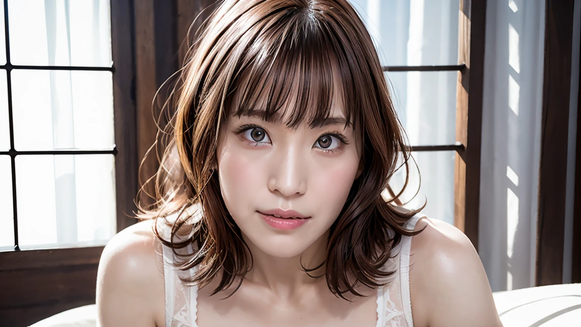 highest quality, Realistic, Perfect Human Anatomy, Very detailed, Very delicate and beautiful, Raw photo, Professional Lighting, Illumination, Depth of written boundary, Single focus, whole body, Skinny Japanese woman, 30-year-old woman, Brown Hair, Small Head, Beautiful Eyes, True Face, Realistic skin, Fine grain, White bra, White panties,Bobcut