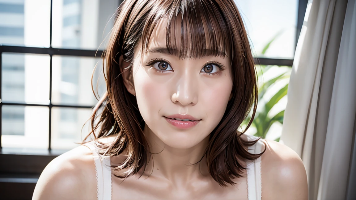 highest quality, Realistic, Perfect Human Anatomy, Very detailed, Very delicate and beautiful, Raw photo, Professional Lighting, Illumination, Depth of written boundary, Single focus, whole body, Skinny Japanese woman, 30-year-old woman, Brown Hair, Small Head, Beautiful Eyes, True Face, Realistic skin, Fine grain, White bra, White panties,Bobcut