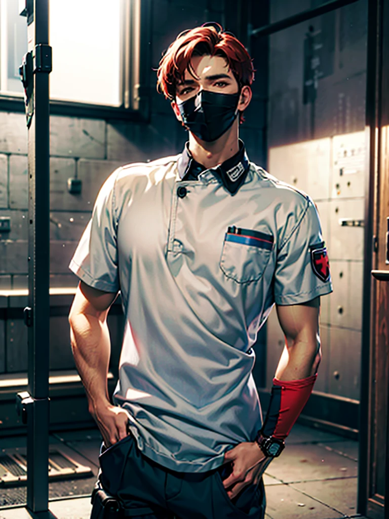 a 35 year old man ((red short hair)), grey eyes, moles all over the body, wearing an official uniform, portrayal of masculinity, teacher, medic, (best quality,4k,8k,highres,masterpiece:1.2),ultra-detailed,(realistic,photorealistic,photo-realistic:1.37),cinematic lighting,highly detailed face and body,sharp focus,vivid colors, anime style