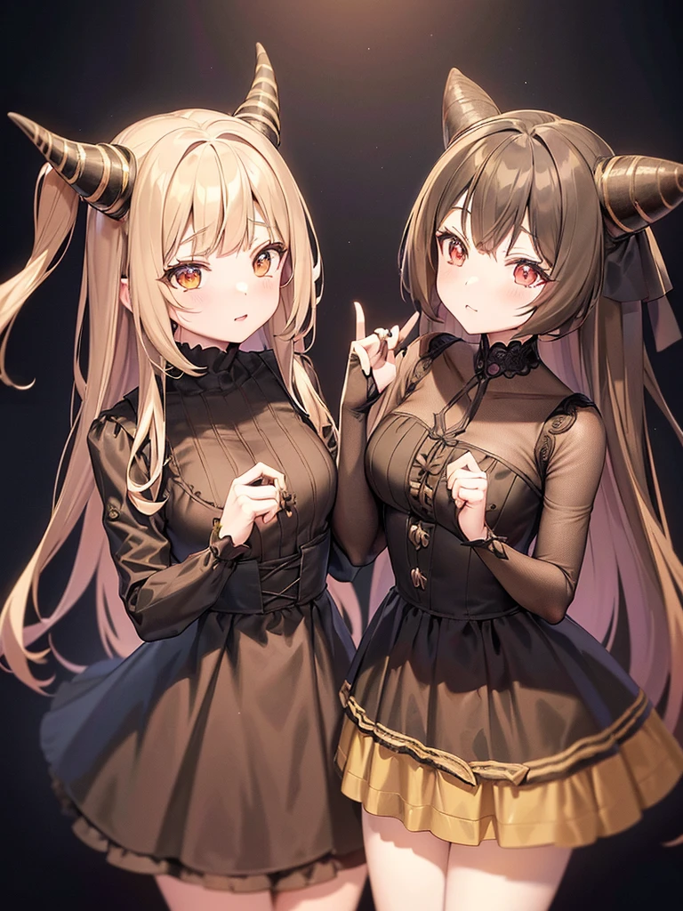 Anime girl with horns and a dress with a skull on it, ((light brown hair))(gothic maiden anime girl, cute anime waifu in a nice dress, anime moe artstyle, anime girl wearing a black dress, nightcore, (anime girl), anime style 4 k, curvy girl, high quality anime art style, anime girls, demon anime girls