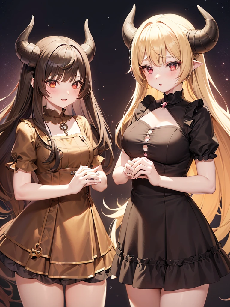 Anime girl with horns and a dress with a skull on it, ((light brown hair))(gothic maiden anime girl, cute anime waifu in a nice dress, anime moe artstyle, anime girl wearing a black dress, nightcore, (anime girl), anime style 4 k, curvy girl, high quality anime art style, anime girls, demon anime girls