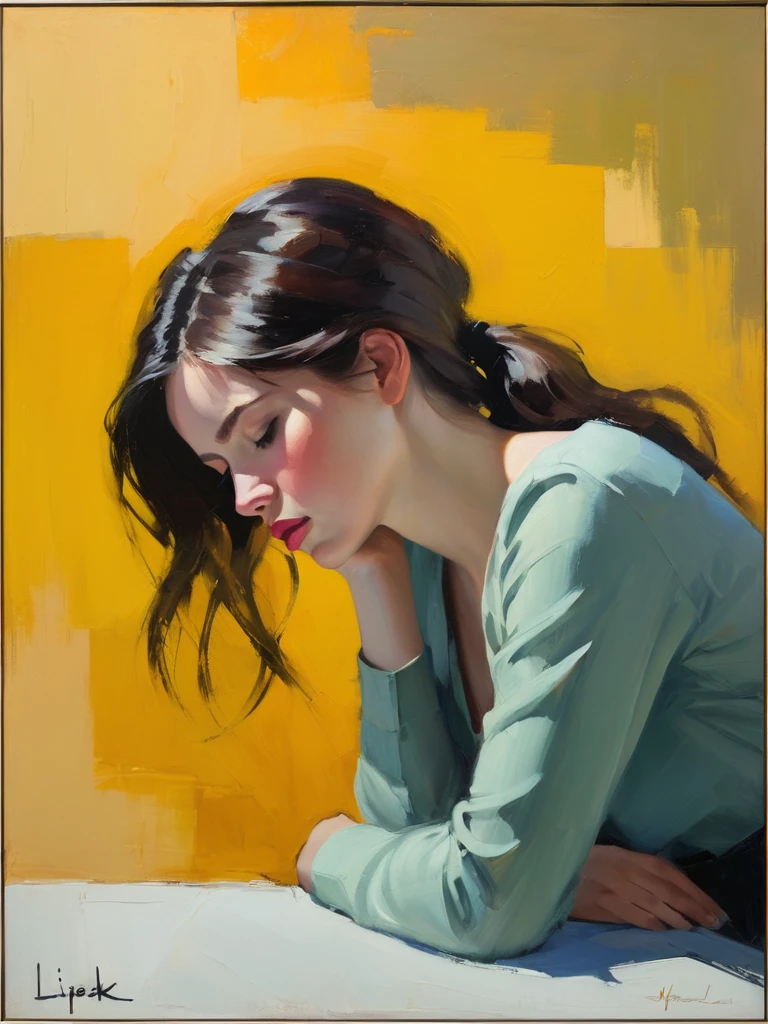 Create an evocative oil painting inspired by Malcolm Liepke, based on the provided image. Capture the intense, introspective expression of the young subject using thick, expressive brushstrokes and a muted color palette. Highlight the emotional depth and vulnerability in the subject's gaze, emphasizing the play of light and shadow on their face. Maintain a simple, textured background that complements the subject's contemplative presence. Focus on the tactile quality of the oil paint to convey the raw emotion and intimacy characteristic of Liepke's style.