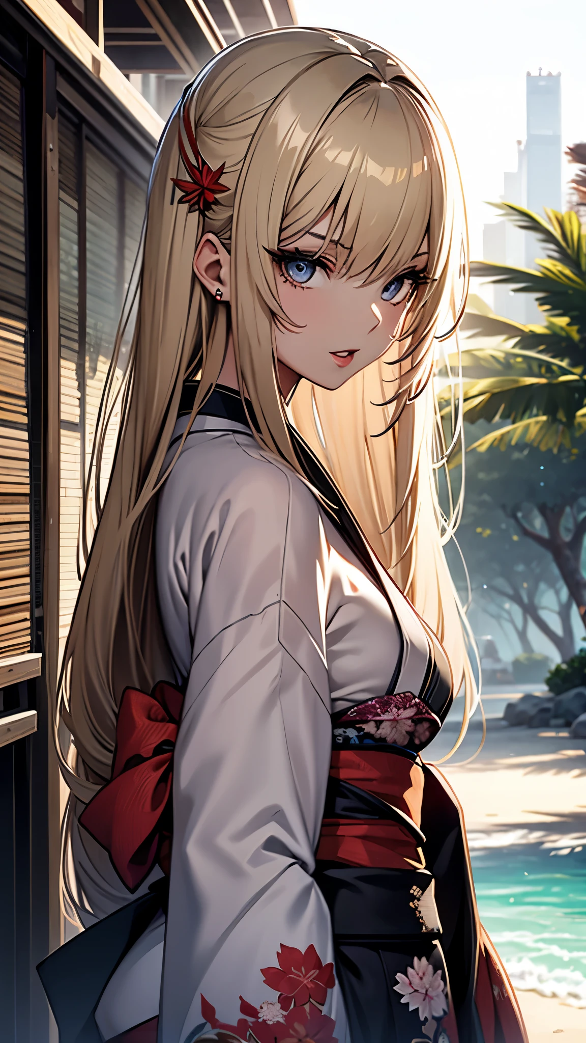 (1girl:1.3), Masterpiece, Best quality, amazing beauty, [[3D]], 4K, absurdres, finely detail, super detailed eye, perfect anatomy, official art, cinematic lighting, BREAK, sandy beach, silky long hair, silky straight hair, blonde, super shiny detailed black eye, big eyes, cute eyes, thick eyebrow, Looking at Viewer(camera), Looking Back, open-mouth, full lips, Eyeliner, False eyelashes, red lips, hairpin, happy face, BREAK , big breasts, tall, slender, glistening skin, arms behind back, cowboy shot, BREAK , , BREAK,(kimono:1.3)