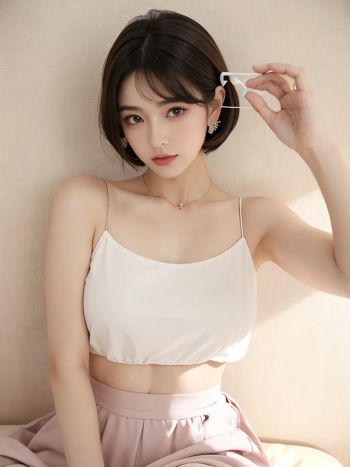 pretty woman, short hair, boy's short hair with white brown hair, con rulos en las puntas, all her hair white brown, with a star clip in her white brown hair, ojos de color claro, ojos bonitos, ojos llorosos, nariz bonita y respingada, nariz lloroso, labios bonitos, labios rosas, heart and cupid shaped lip, piel bonita, pale, piel blanca, con lunares y pecas en todo el rostro, rubor rosa suave en las mejilla, rubor rosa natural, maquillaje suave y rosa, boy, cuello bonito, cuello marcado, frown, mirada tierna, con un collar de beso, un collar bonito de beso, parecido a Yumeko Jabami, mientras lleva puesto un Crochet YK2, with a YK2 style brown mini skirt, mientras tiene el abdomen desnudo, delgado, marcado y bonito, (pechos grandes, pechos suaves, pechos bonitos), mientras esta haciendo cospaly del personaje Yumeko Jabami, del anime Kakegurui, mirando a la camara, autofoto, selfie bonita