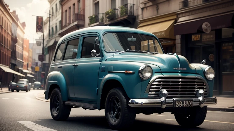 dark bluish-dark-gray metallic 4x4 1950s SUV-sedan in motion, fantasy, no logo, urban, 1950s, worm colors, a small building, High detailed, Color magic, Saturated colors, Color saturation, Realism, 8K, HD