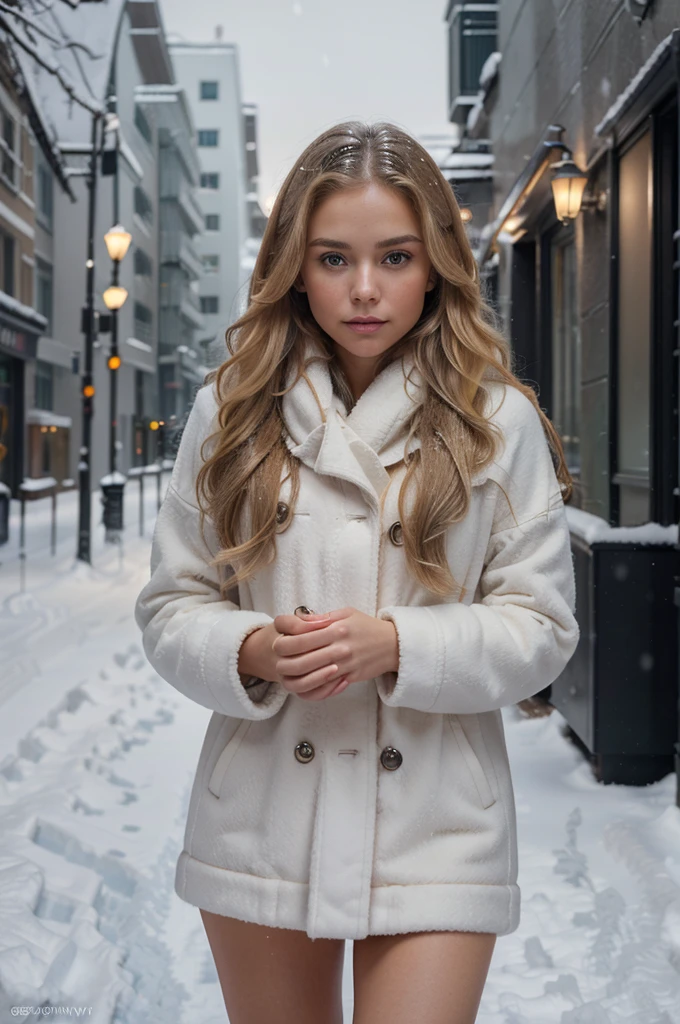 professional portrait photograph of a gorgeous Norwegian girl in winter clothing with long wavy blonde hair, sultry flirty look, gorgeous symmetrical face, cute natural makeup, wearing elegant warm winter fashion clothing, ((standing outside in snowy city street)), stunning modern urban environment, ultra realistic, concept art, elegant, highly detailed, intricate, sharp focus, depth of field, f/1. 8, 85mm, medium shot, mid shot, (((professionally color graded))), bright soft diffused light, (volumetric fog), trending on instagram, hdr 4k, 8k