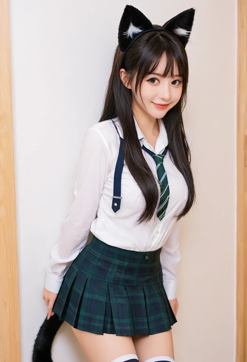 (Black tail, Cat tail, Black cat ears, Rear insertion position, Sex preparation:1.2), Black Hair, Long Hair, Cute Hips, lure, Appealing pussy, bottomless,(school uniform、Long Check Skirt、Sexy Shorts、Garter Stockings), (Turn around and put your hands on the wall), Inside the pussy, Vagina、Bend、nsfw、BREAK Perfect Anatomy、highest quality、(cute:1.1)、(cute)、(High resolution:1.2)、Unbelievably absurd:1.3、Incredible illustrations、(cuteイラスト:1.2)、Beautiful background、(1 girl) 、solo)、(10th Generation、JK、 face、Small breasts:1.2)、slender、(Brat、smug face:1.3)、(upskirt,from behind),(tooth:0.6)、Cheeky 、Eye highlights、A confident smile、