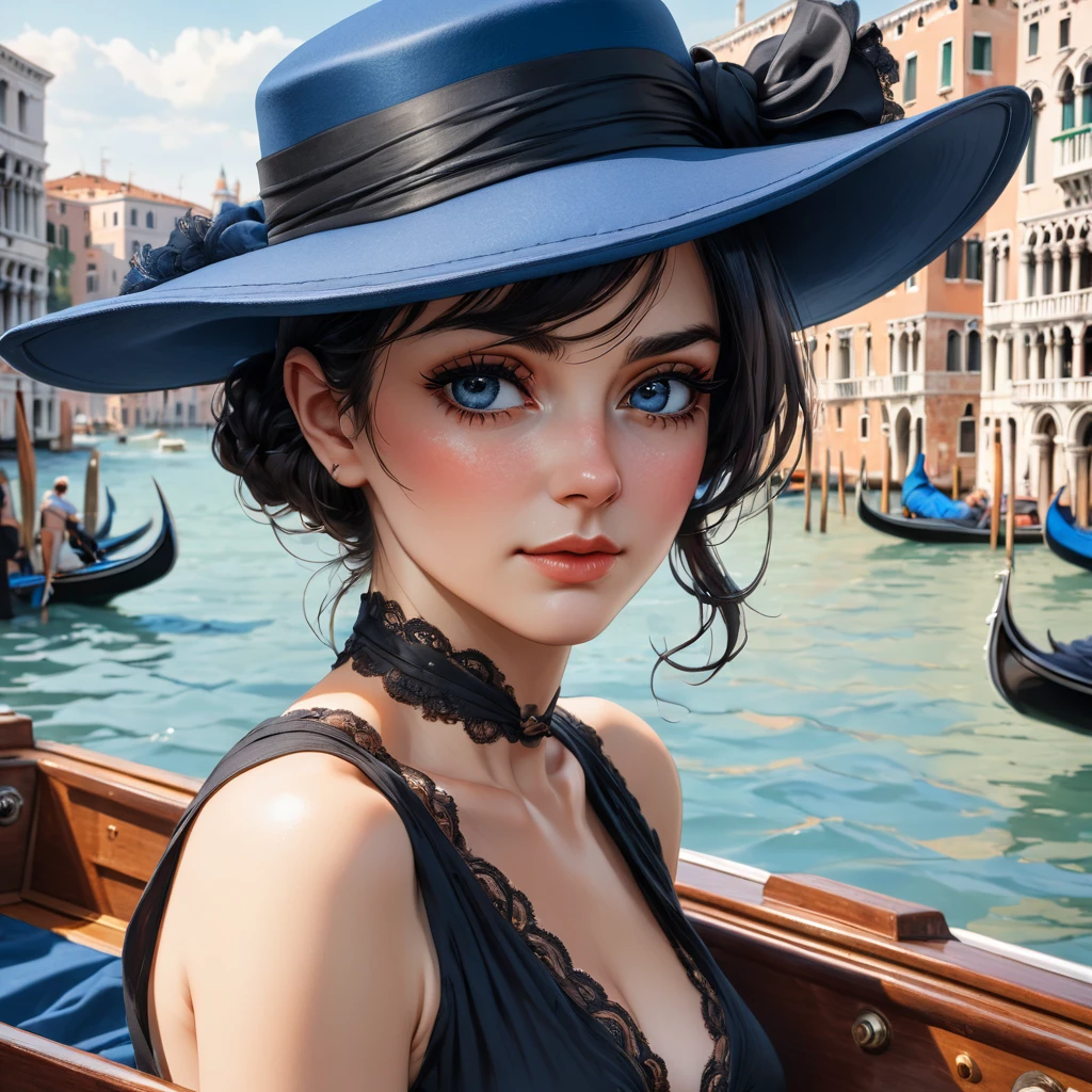 ultra detailed masterpiece, Italian woman, mid-length black hair, black eyes, intense and seductive gaze, shy smile, small fluff of mustache, wears a blue hat, on a boat in Venice