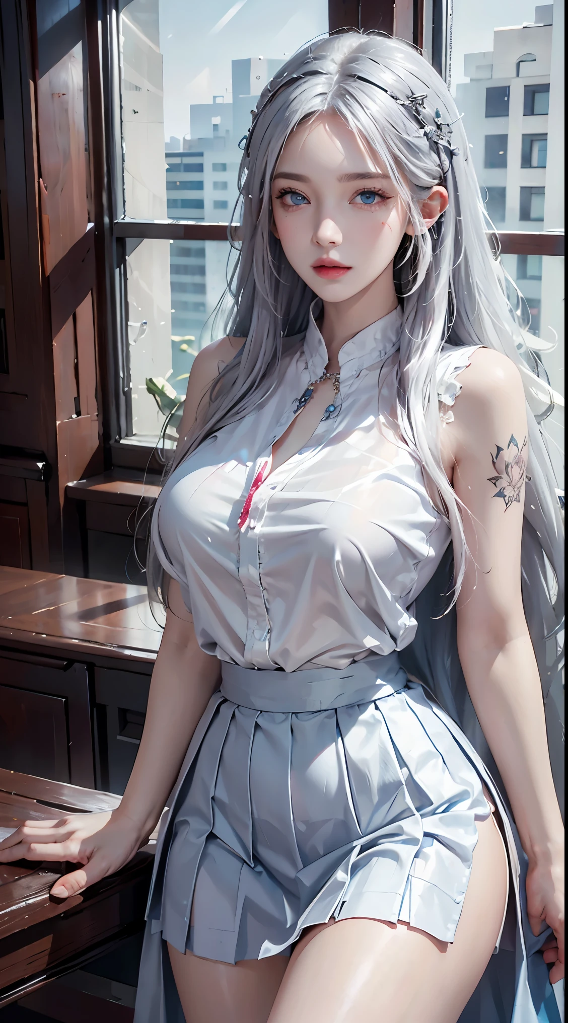 photorealistic, high resolution, 1girl, shining skin, solo, intricate tattoo, hips up, detailed jewelry, pink lips, long silver hair, captivating blue eyes, closed mouth, , white shirt, pleated skirt, indoor classroom