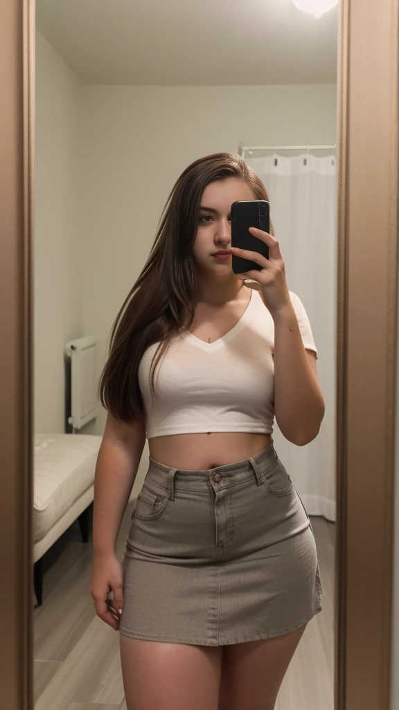 RAW photo, photo of ****************, (long brunette hair), short skirt, cotton v neck shirt, standing indoors, mirror selfie, pale white skin, freckles, blemishes, lipstick, ((short height, broad shoulders, wide hips and waist)), ((chubby:1.3)), pawg, thicc