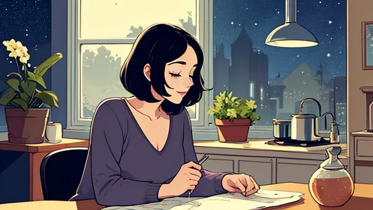 Late at night, a Beautiful woman in her 30s with black hair tied is sitting on the chair with her eyes closed in a stylish kitchen. Cozy wallpaper, Gwydz style artwork, LOFI girls, trending at cgstation, relaxed mood, nightcore, cozy, night, wide glass windows, starry sky, table, chair, fridge, sink, V-neck blouse, and she was the only one in the room. beautiful flower. Plants, 2D style animation, looking down.Well-proportioned face, Outside the window is a pitch black starry sky, purple wall, kitchen is dimly,