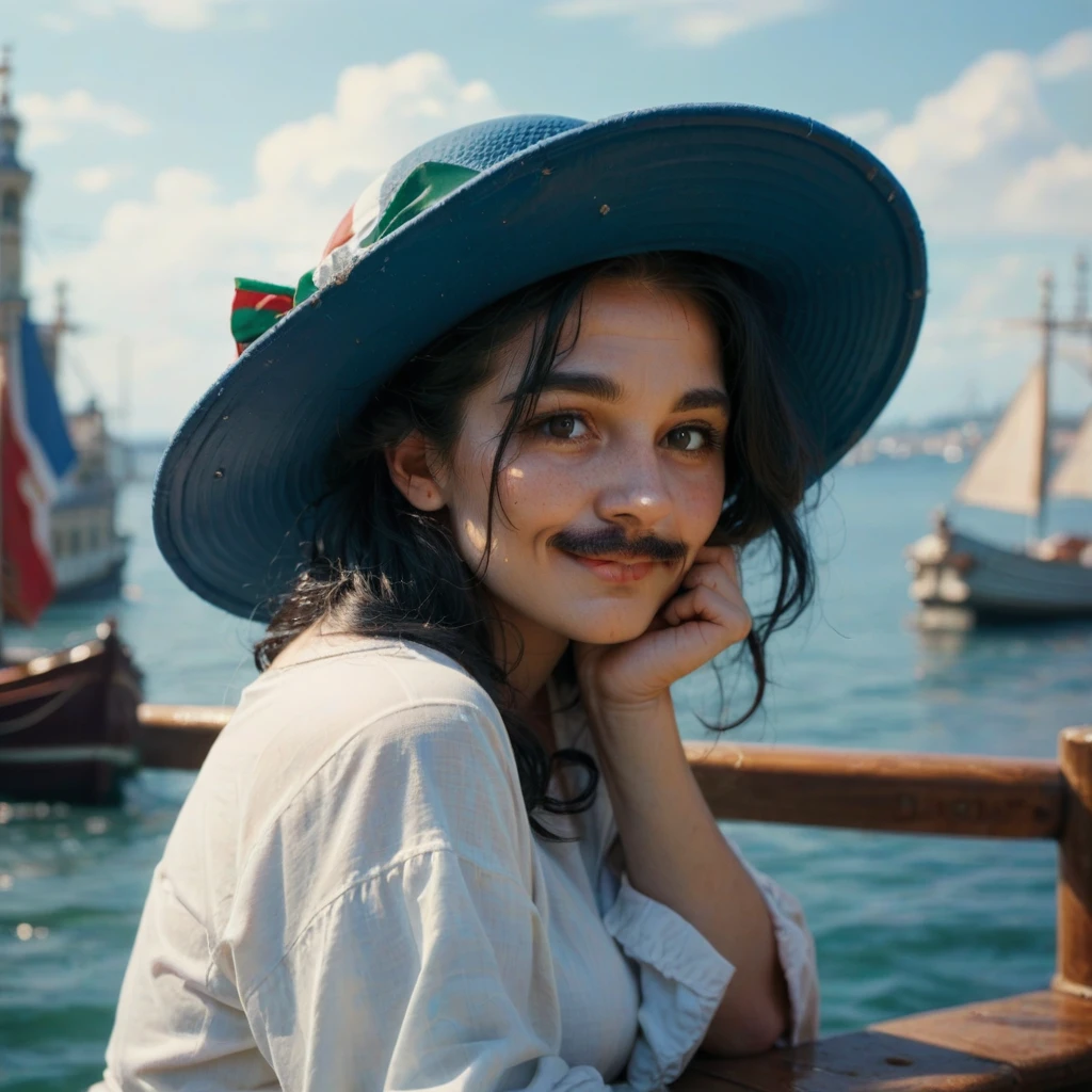 ultra detailed masterpiece, Italian woman, mid-length black hair, black eyes, intense and seductive gaze, shy smile, small fluff of mustache, wears a blue hat, on a boat in Venice