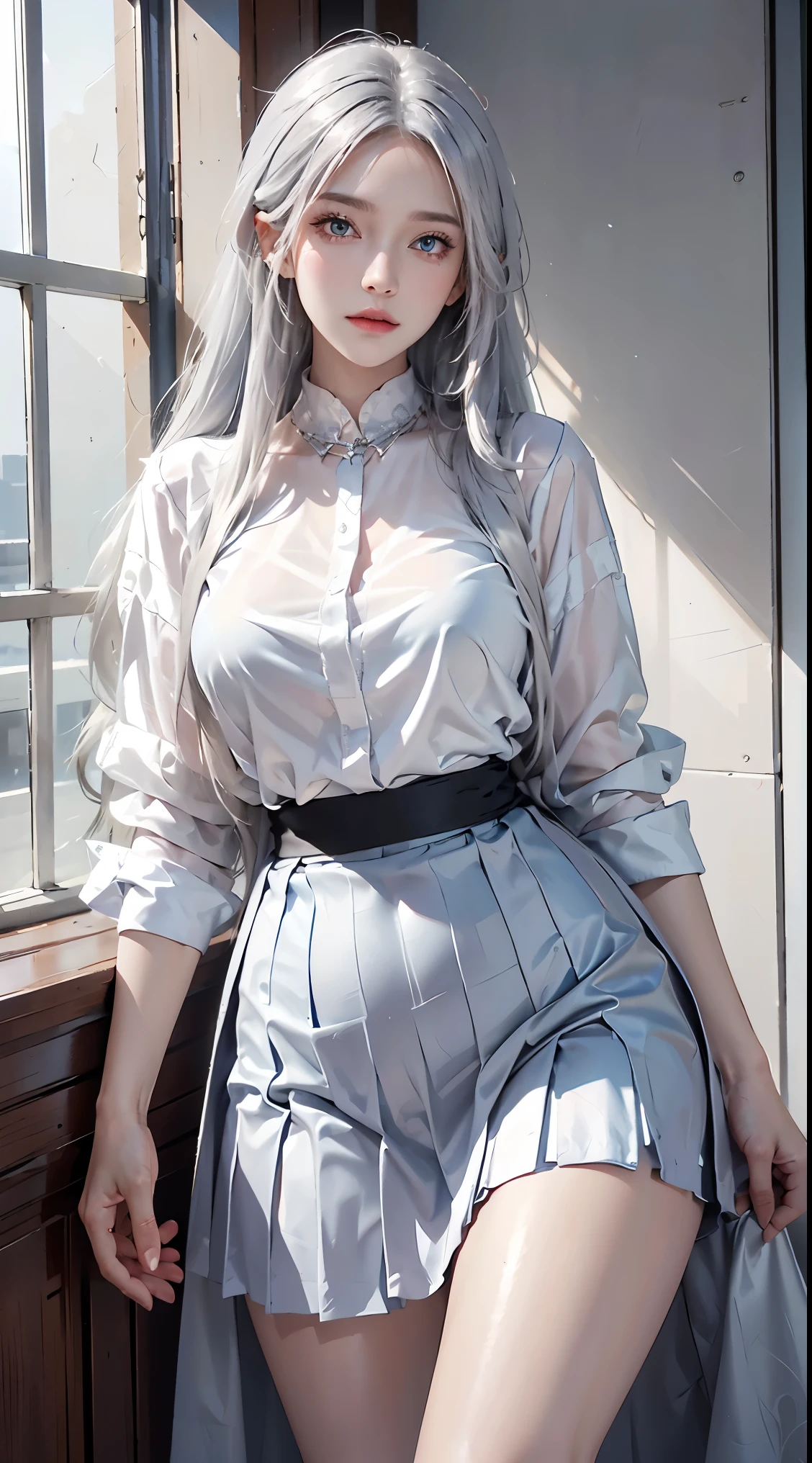 photorealistic, high resolution, 1girl, shining skin, solo, intricate tattoo, hips up, detailed jewelry, pink lips, long silver hair, captivating blue eyes, closed mouth, , white shirt, pleated skirt, indoor classroom