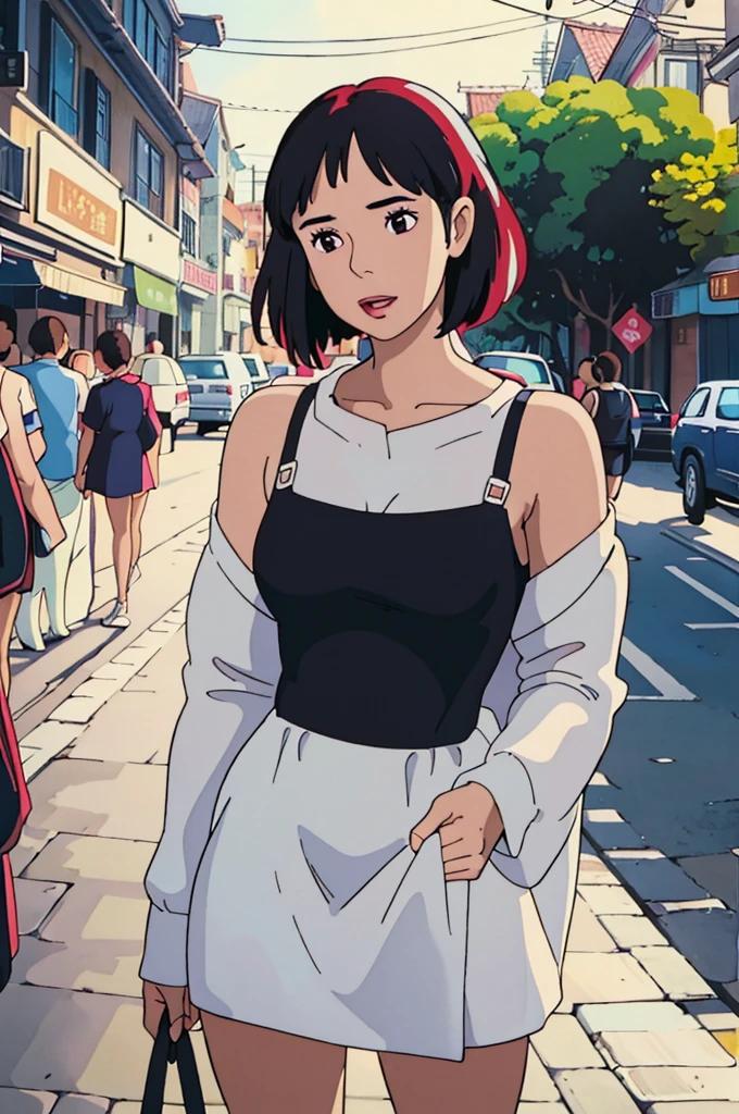 A woman wearing a white dress and a black suspender poses for a photo, Beautiful Latin face, Ghibli style, ((masterpiece)),((best quality)),(detailed),illustration,8K,rich and colorful, High contrast