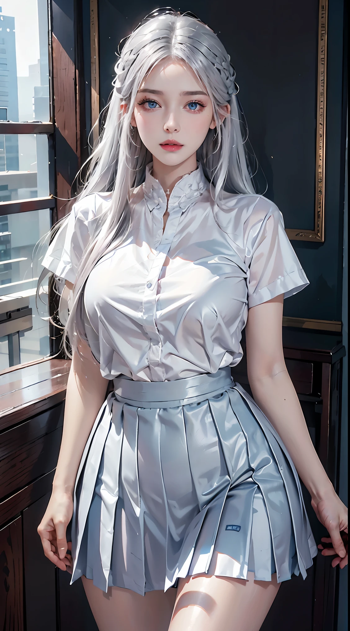 photorealistic, high resolution, 1girl, shining skin, solo, intricate tattoo, hips up, detailed jewelry, pink lips, long silver hair, captivating blue eyes, closed mouth, , white shirt, pleated skirt, indoor classroom