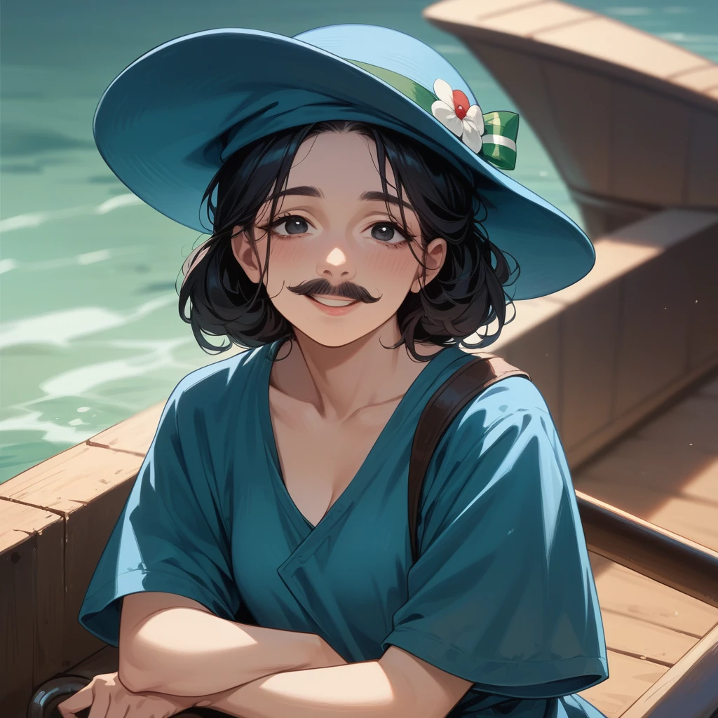 ultra detailed masterpiece, Italian woman, mid-length black hair, black eyes, intense and seductive gaze, shy smile, small fluff of mustache, wears a blue hat, on a boat in Venice