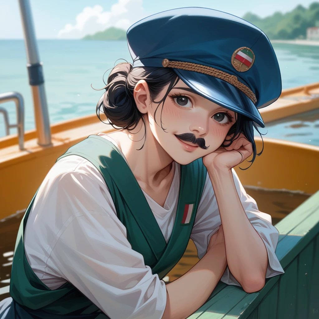 ultra detailed masterpiece, Italian woman, mid-length black hair, black eyes, intense and seductive gaze, shy smile, small fluff of mustache, wears a blue hat, on a boat in Venice