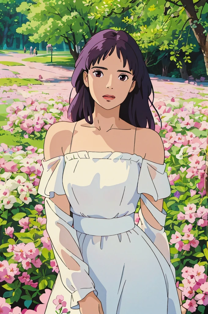 A woman in a white dress poses for a photo, Beautiful Latin face, Ghibli style, ((masterpiece)),((best quality)),(detailed),illustration,8K,rich and colorful, High contrast